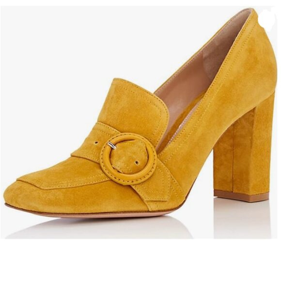 Shoes - YDN Yellow Chunky High Heels Square Toe Loafer Shoes Slip On Suede Office Pumps